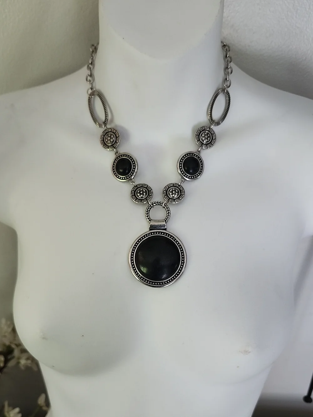 Silver-Tone Black Circular Pendant Necklace